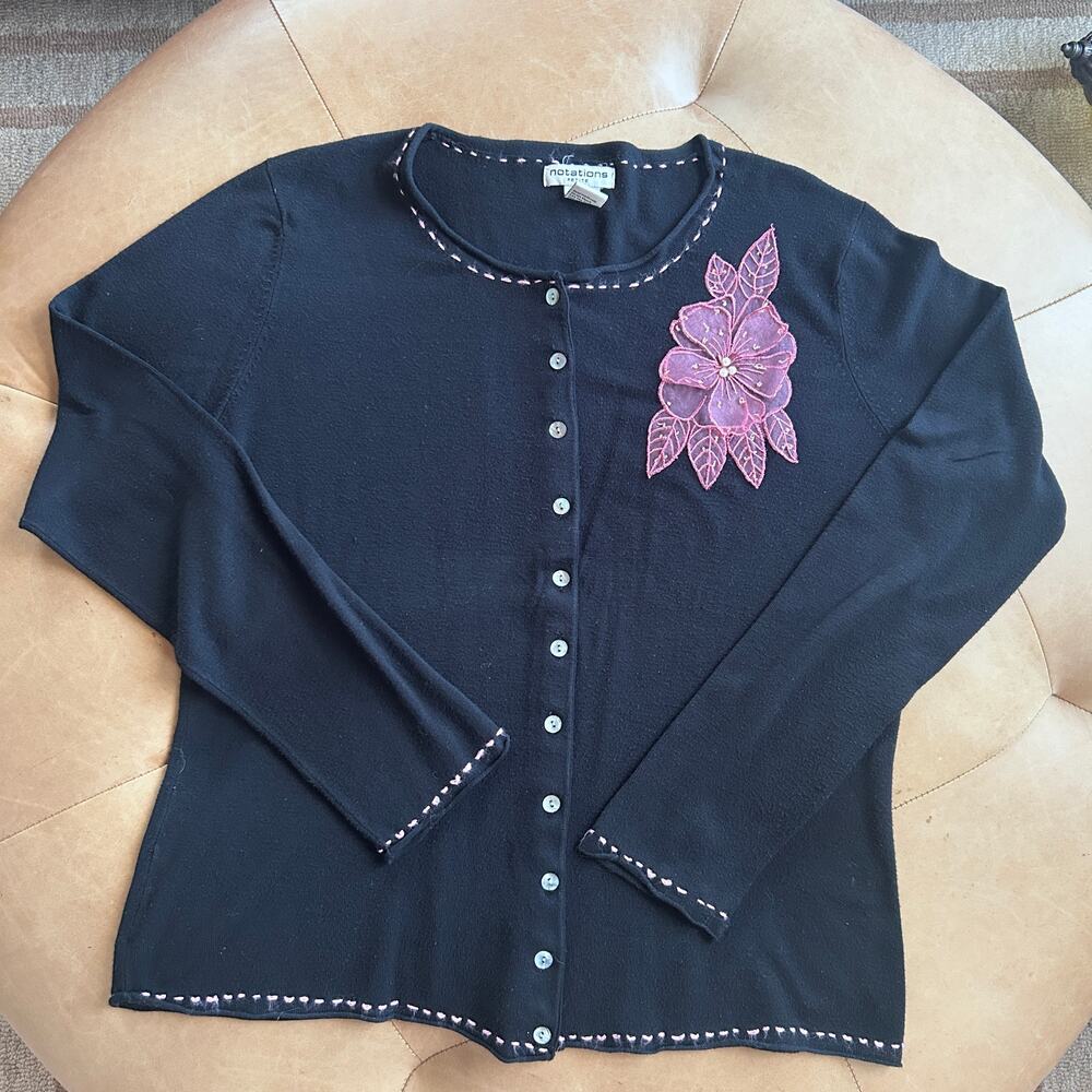 Vintage Y2K Fairy Black Cardigan Pink Floral Applique Button Beaded Whimsigoth L